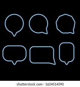 Set of six neon speech bubbles. Black background. Vector illustration.