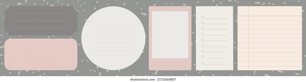 Set of six neutral-toned note templates, including lined paper, blank paper, and circular paper. Perfect for notes, journaling, and creative projects. Memo element vector set.