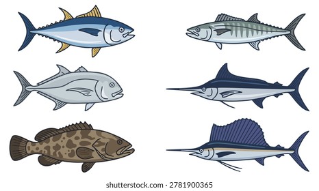Set of Six Ocean Fish Vector Illustrations Tuna, Mackerel, Giant Trevally, Grouper, Marlin, Sailfish