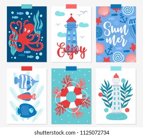 Set of six ocean greeting cards with octopus, seaweed, bubble, fish, lighthouse, cloud, shell, starfish, anchor, lifebuoy and coral