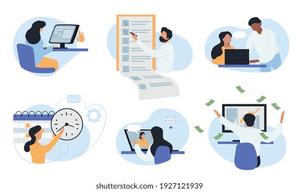 Set of six office scenes conceptual of Business, success and profit showing workers using computers, ticking boxes, analytics and team work, flat cartoon colored vector illustrations isolated on white