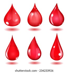 Set of six opaque drops of different forms in saturated red colors