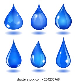 Set of six opaque drops of different forms in saturated blue colors