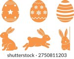 A set of six orange Easter icons featuring decorated eggs and playful bunnies in various poses