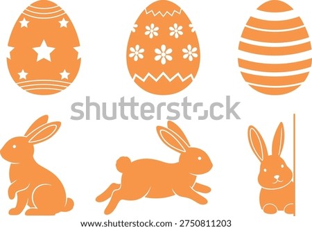 A set of six orange Easter icons featuring decorated eggs and playful bunnies in various poses
