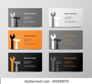 set of six orange and gray business cards featuring tools, vector illustration, eps 10 with transparency