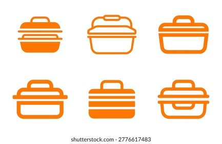Set of six orange icons representing food containers, pots, and pans, ideal for cooking, kitchen, and meal preparation graphics.