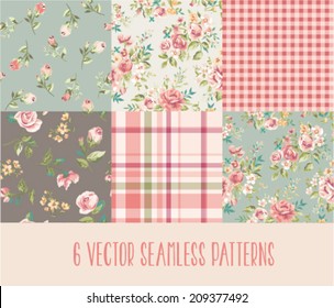 Set of six orated seamless vintage floral,flowers with checks vector background