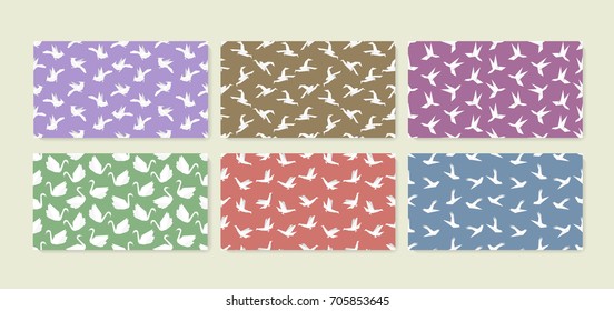 Set of six origami bird seamless patterns. Collection of japanese vector ornaments. Endless texture can be used for wallpaper, web page background, surface, textile print..