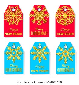 Set of six original label designs. Shopping, gifts, sales, advertising, price tags and product label templates .Templates  in red and blue with gold snowflake and inscription.