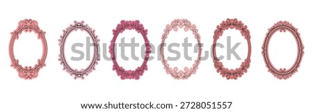 Set of six ornate oval frames with baroque decoration in pink and coral colors on white background