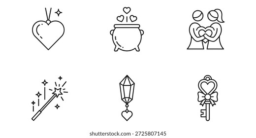 Um conjunto de seis ícones de contorno com símbolos de amor e magia, como um pingente de coração, um caldeirão com corações, um casal segurando um coração, uma varinha mágica, um encanto de cristal e uma chave em forma de coração, apresentada em um fundo branco
