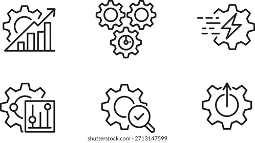 Conjunto de seis iconos de esquema que representan engranajes y conceptos de negocio como crecimiento, trabajo en equipo, eficiencia y control.