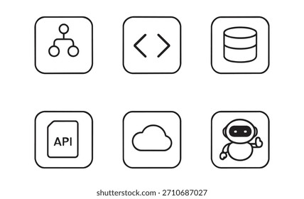 Conjunto de seis iconos de esquema para la tecnología y Palabras claves de programación: iconos, conjunto, tecnología