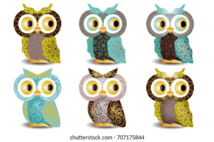A set of six owls with an intricate pattern on the wings and body, volumetric, glass eyes. With the effect of volume on bodies
