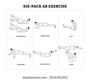 Set of six pack abs exercise step by step guide for a home workout poster design, ABS workout for men. Sport exercise for perfect abs. Fit body and healthy lifestyle tutorial. Muscle training. 