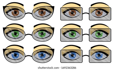 Set of six pairs of beautiful female blue, green, brown eyes in black / dark tinted glasses with flares. Two types of frames. Black eyelashes, eyebrows. White background. Vector graphics, illustration