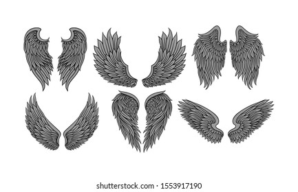 Set Of Six Pairs Of Wings In Tattoo Style Flat Vector Illustration