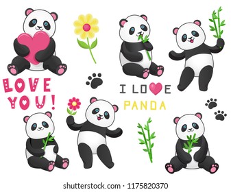 Set of six pandas with bamboo.Design element for baby shower card, scrapbook, invitation, baby goods and childish accessories. Isolated on white background. Vector illustration.