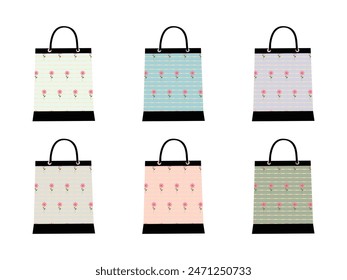 set of six pastel colors floral pattern paper bags for shopping, shopping clothing paper bags with pink floral texture design, collection of plastic bags mockup, multicolored set of six bags