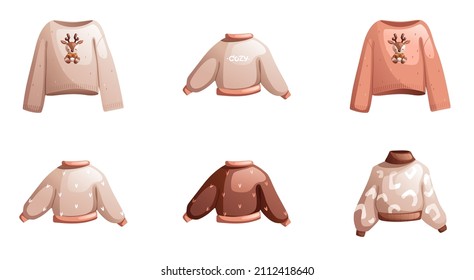 A set of six pastel multi-colored winter sweaters. Detailed vector illustration.