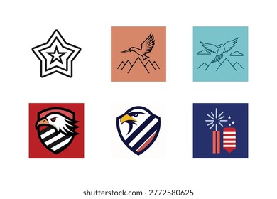 Set of six patriotic featuring eagles, stars, mountains, and fireworks in square frames
