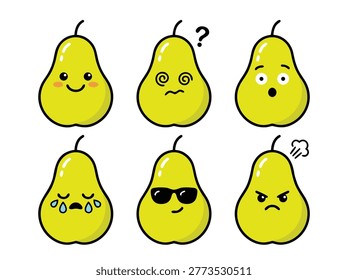 A set of six pear emojis, each displaying a different emotion, including happiness, confusion, surprise, sadness, coolness, and anger, all with cute cartoon styles.