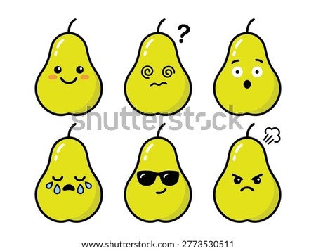 A set of six pear emojis, each displaying a different emotion, including happiness, confusion, surprise, sadness, coolness, and anger, all with cute cartoon styles.