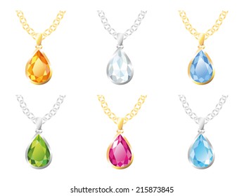 Set of six pendants in gold and silver frame on a chain - diamond, amber, topaz, beryl, rose quartz, zircon. Jewelry, isolated objects on white background