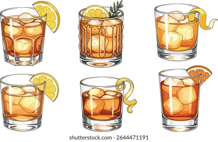 Conjunto de seis coquetéis de penicilina em copos claros com cubos de gelo, fatias de limão, casca de citrinos e ervas aromáticas. Ilustrações em aquarela de uísque escocês misturado