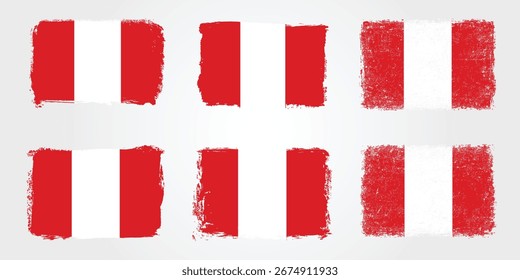Un conjunto de seis banderas nacionales de Perú con rayas de Vertical rojas y blancas, mostradas en estilo de pincelada con textura grunge

