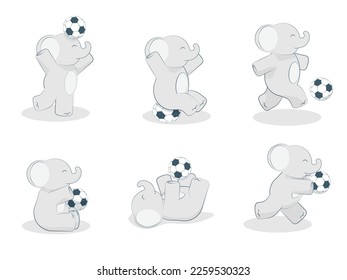 Set of six pictures. A cute and cheerful elephant goes in for sports, football. A cute and joyful sportsman is playing with a ball.