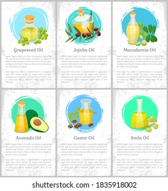 Set of six pictures with information about organic products. Vessels with liquids for hair care. Castor and jojoba, macadamia and grapeseed, avocado and amla natural oils. Vector illustration in flat