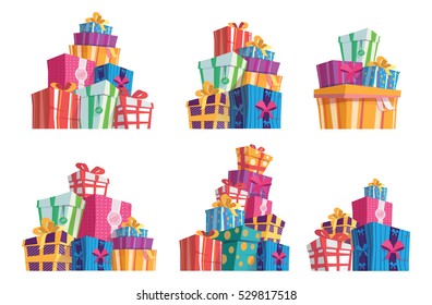 Set of six piles of colorful gift boxes.Mountain gifts.Beautiful Present box with Overwhelming Bow.Vector Illustration.Surprise template of  magazines,posters,cover,banners.Christmas gift box.Shopping