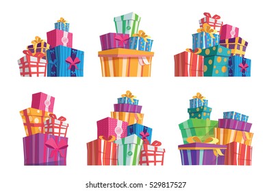 Set of Six Piles of colorful Gift Boxes.Mountain Gifts.Beautiful Present Box with Overwhelming Bow.Vector Illustration.Surprise Template of Magazines,Posters,Cover, Banners.Christmas Gift box.Shopping