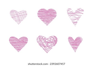 set of six pink hearts of different shapes, painted inside with different textures isolated on white background. For decoration, invitations, cards, prints. vector.