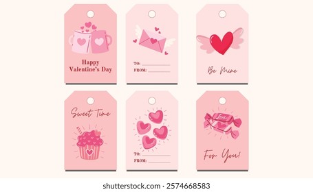 A set of six pink and red Valentine's Day gift tags featuring cute designs such as mugs, envelopes, hearts, cupcakes, and candy, with phrases like "Happy Valentine's Day," "Be Mine," "Sweet Time,"
