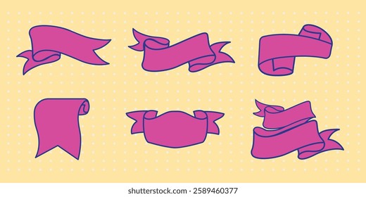 Set of six pink ribbons on a yellow background. Each ribbon has a unique shape, perfect for decoration, design, or highlighting text. Pink ribbons for creative projects. Ribbon banner vector set.