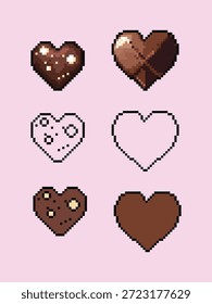 Un conjunto de iconos de arte de seis píxeles con chocolates en forma de corazón en varios estilos, incluido chocolate negro con chispas, trufas, contornos minimalistas y diseños planos.