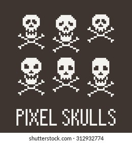 Set of six pixel skulls and crossbones. Vector.