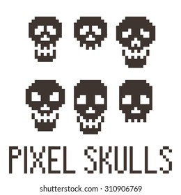 Set of six pixel skulls. Vector.