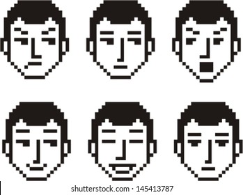 Set of six pixelated faces of a young man in various mood expressions.