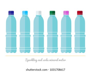 Set of six plastic bottles with sparkling and soda mineral water.