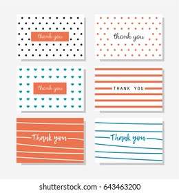 Set of six polka dot thank you cards in blue and orange colors