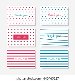 Set of six polka dot thank you cards in blue and pink colors