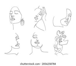 Set of six portrait. Simple, minimalist vector illustration of beautiful woman face. Line drawing.