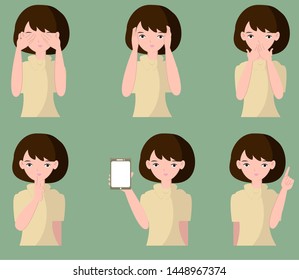 Set of six pose variations of female character. Emotion and body language concept. Vector illustration