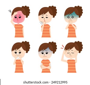 A set of six pose variations of sick young woman, vector illustration