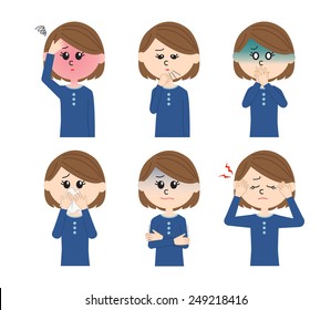 A set of six pose variations of sick young woman, vector illustration