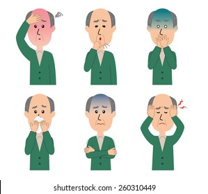 A set of six pose variations of sick elderly man, vector illustration